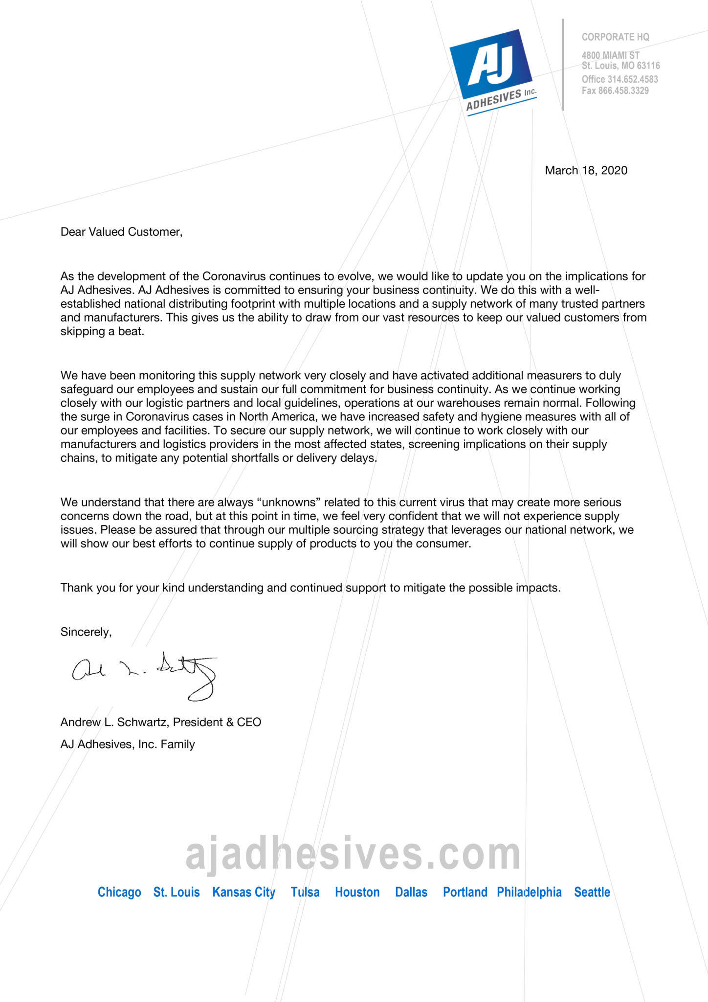 AJ Adhesives, Inc. is Considered Essential Business During COVID19