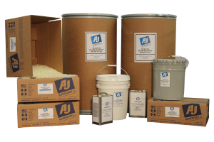 Cardboard boxes, industrial adhesives and hot melt adhesives drums, and glue pails with AJ Adhesives branding.